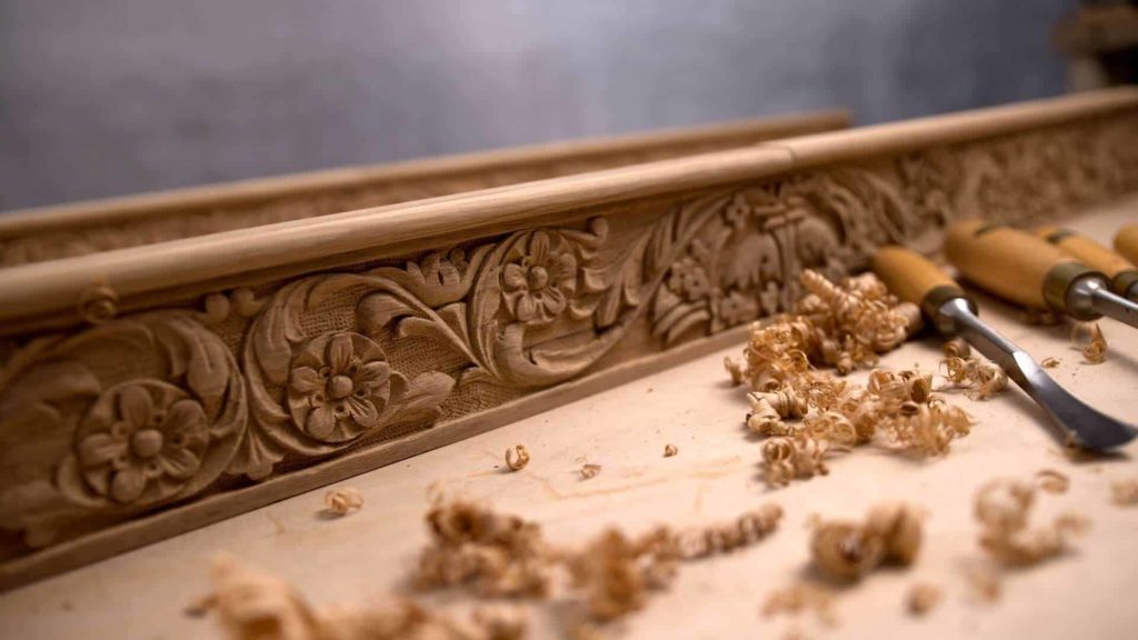 Alt text: A detailed wood carving adorns a workbench, showcasing floral patterns. Nearby, wood shavings scatter around sharp chisels, ideal for wood carving classes and lessons.