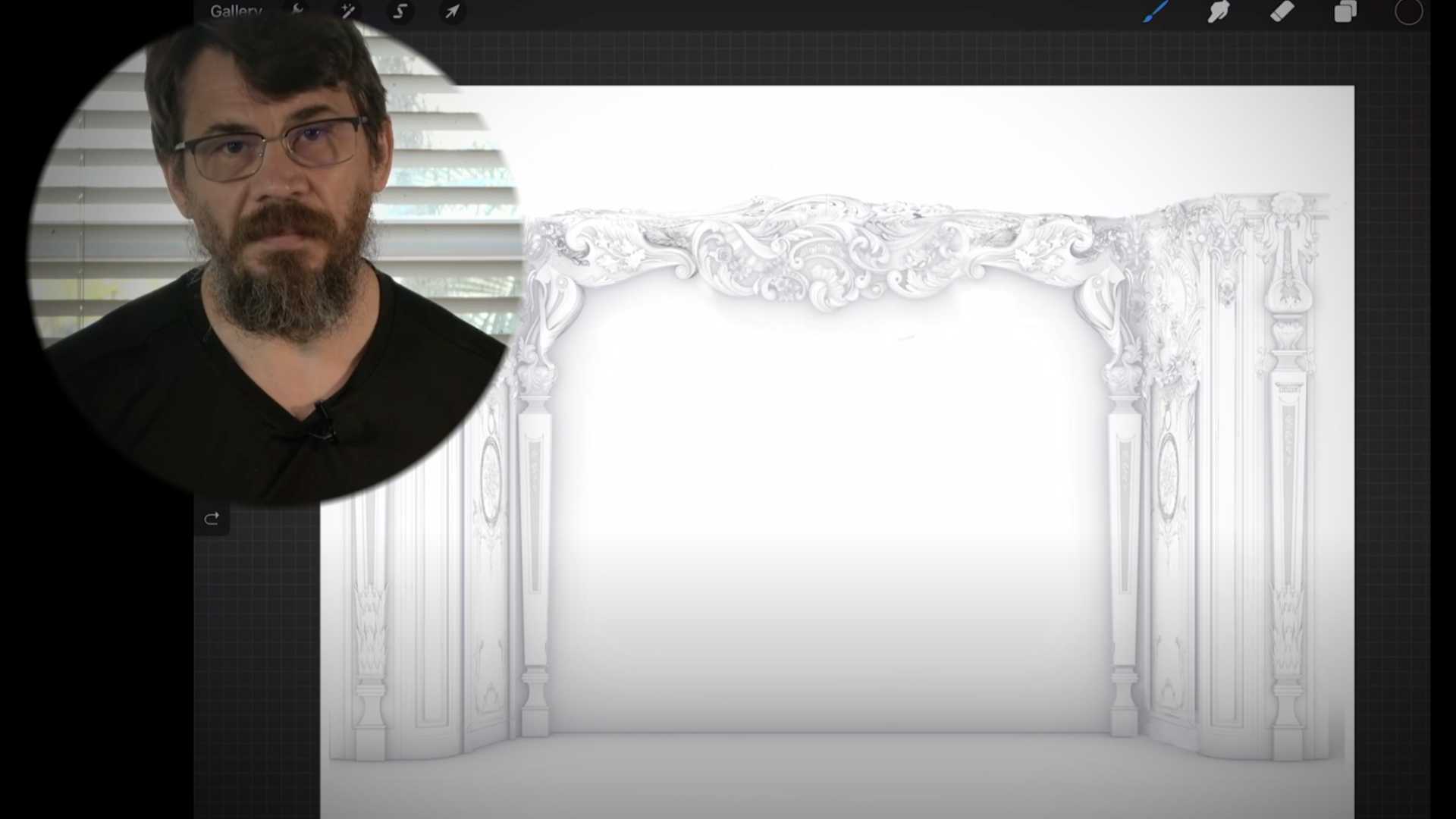 A person is seen in front of a blank canvas, discussing wood carving techniques. There's a detailed wood carving design of an ornate arch or frame in the background. This scene might be part of wood carving classes or lessons, where practical tips and artistic insights are shared.