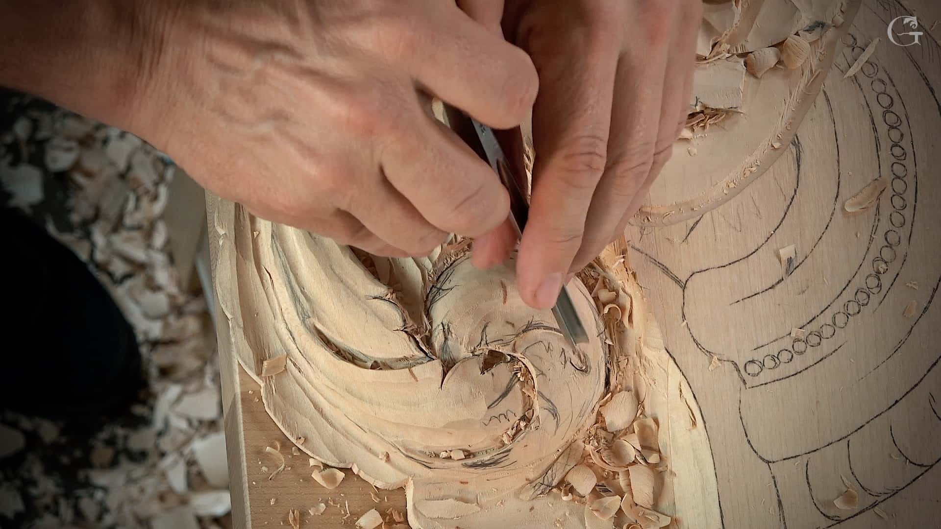 A close-up of hands carving a swirling pattern into wood, surrounded by shavings. This image showcases the art of wood carving, emphasizing the detail and precision involved in the craft. Ideal for anyone interested in wood carving classes and lessons.