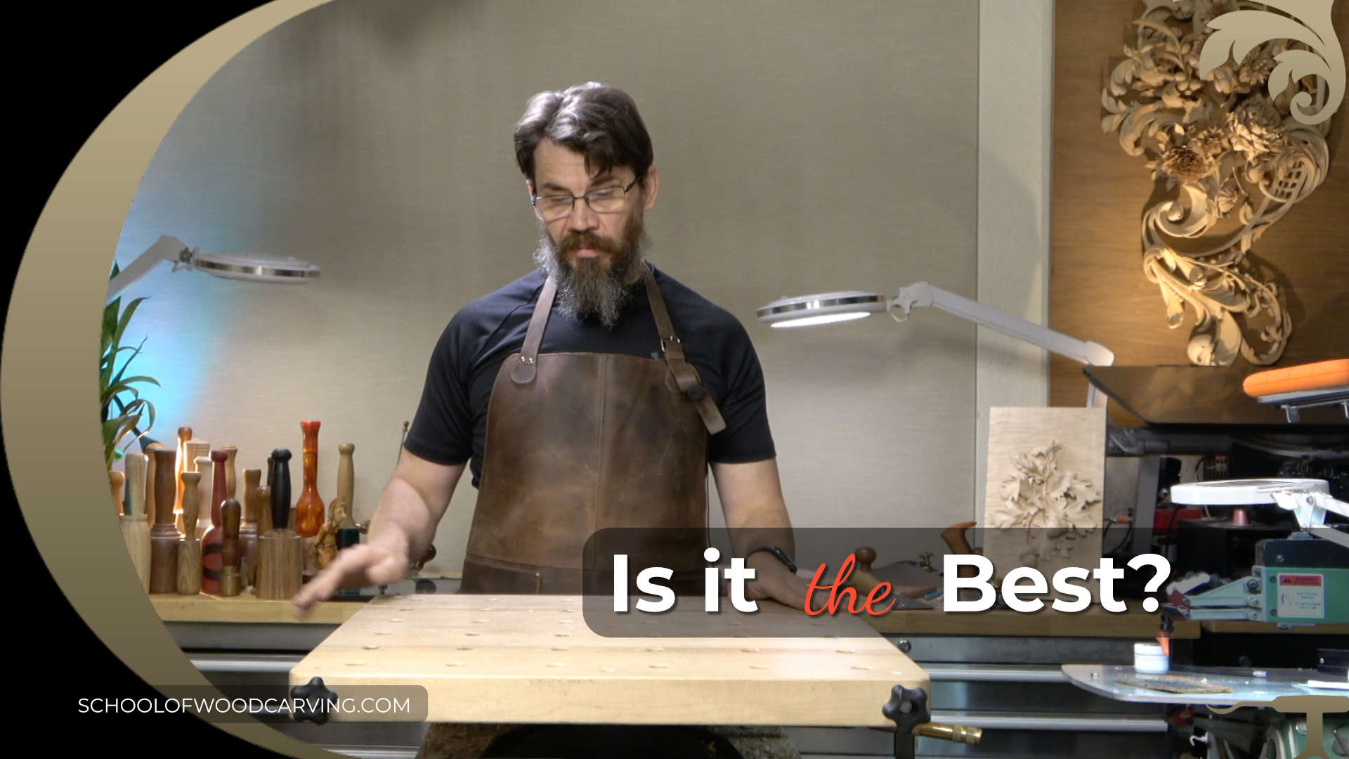 Alexander Grabovetskiy is talking about The Best Woodcarver's bench.
