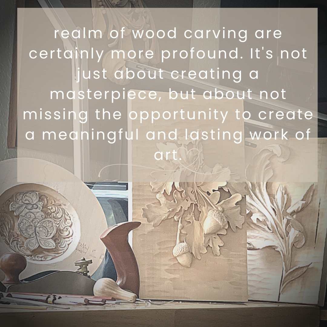 Alt text: A display of wood carving projects, showcasing intricate designs on wood panels, featuring nature-inspired motifs like leaves and acorns. Various wood carving tools, including chisels and a carving workbench, suggest an engaging environment for wood carving classes and lessons.
