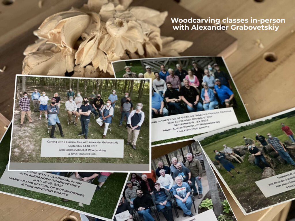 **Alt Text:** A collage of photos showcasing people attending wood carving classes in person with Alexander Grabovetskiy. The images include groups of students at the Marc Adams School of Woodworking, highlighting various carving projects and learning moments. The backdrop features a natural setting, enhancing the artisan vibe of the wood carving lessons.