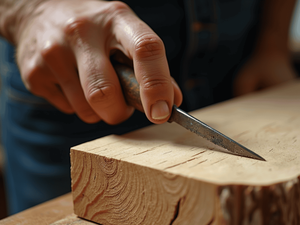 WOODCARVING LESSONS: Woodcarver Grabovetskiy uses a chisel to carve wood on a workbench. - Wood Carving tutorials