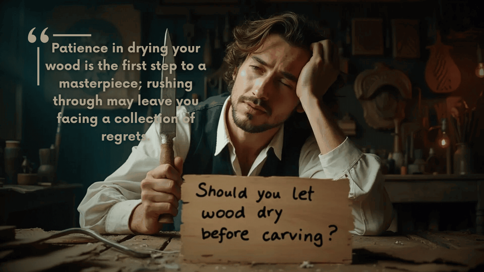 WOODCARVING LESSONS: Woodcarver Grabovetskiy holds a carving tool and looks at a wooden sign. The sign says, "Should you let wood dry before carving?" A quote on the sign highlights the importance of drying wood to create a masterpiece. - Wood Carving tutorials