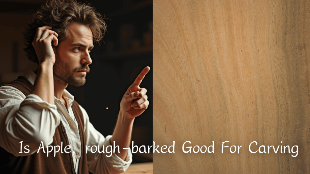 WOODCARVING LESSONS: A person, Woodcarver Grabovetskiy, thinking and pointing a finger shows a close-up of rough bark. Text asks: "Is Apple Wood with Rough Bark Good for Carving? - Wood Carving tutorials
