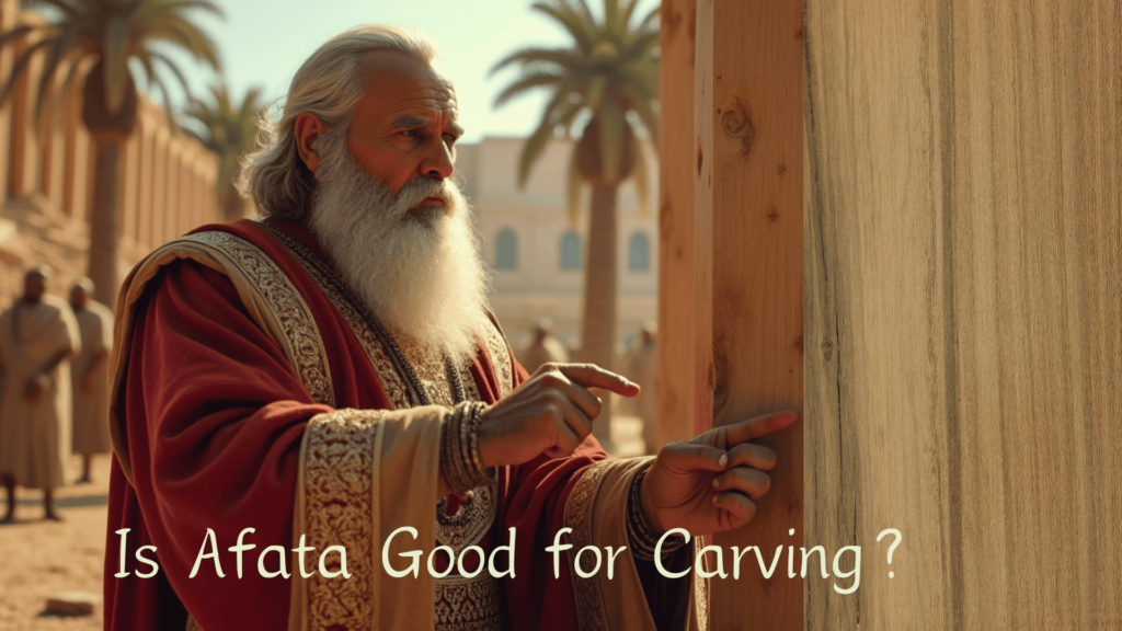 WOODCARVING LESSONS: An old man with a white beard, wearing traditional clothes, looks at a wooden plank closely. He touches it with his finger. The text on the image says, "Is Afata Good for Carving?" You can see palm trees behind him.
- Wood Carving tutorials