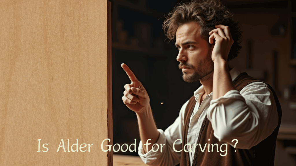 WOODCARVING LESSONS: Woodcarver Grabovetskiy points at a piece of wood. He looks serious. The text below asks, "Is Alder Good for Carving? - Wood Carving tutorials