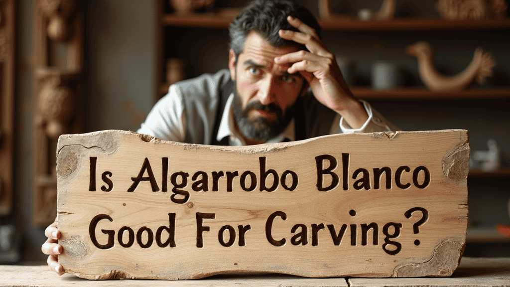 WOODCARVING LESSONS: A man named Woodcarver Grabovetskiy looks thoughtful. He holds a wooden sign that asks, "Is Algarrobo Blanco Good For Carving?" Wooden carvings are in the background. - Wood Carving tutorials