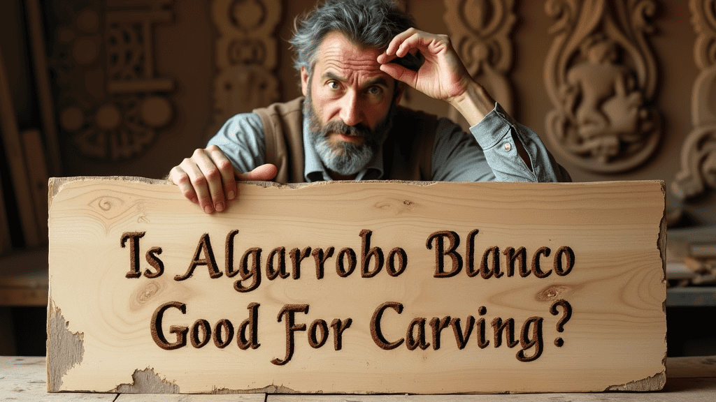 WOODCARVING LESSONS: In a workshop, a bearded man with gray hair, named Woodcarver Grabovetskiy, holds a wooden sign. The sign says, "Is Algarrobo Blanco Good For Carving?"  - Wood Carving tutorials