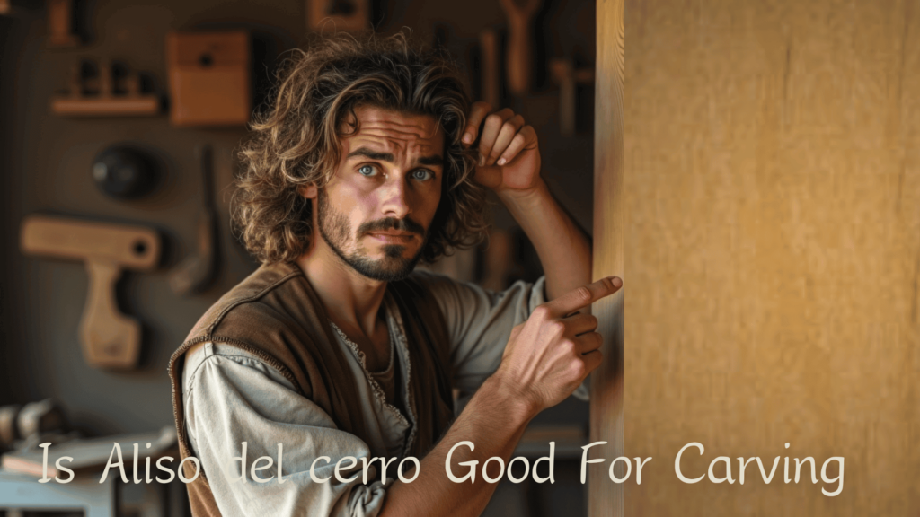WOODCARVING LESSONS: A person with curly hair looks at a piece of wood in a workshop. The words "Is Aliso del Cerro Good For Carving" are below the picture. You can see woodworking tools in the background too. The only person in this lesson is Woodcarver Grabovetskiy. - Wood Carving tutorials