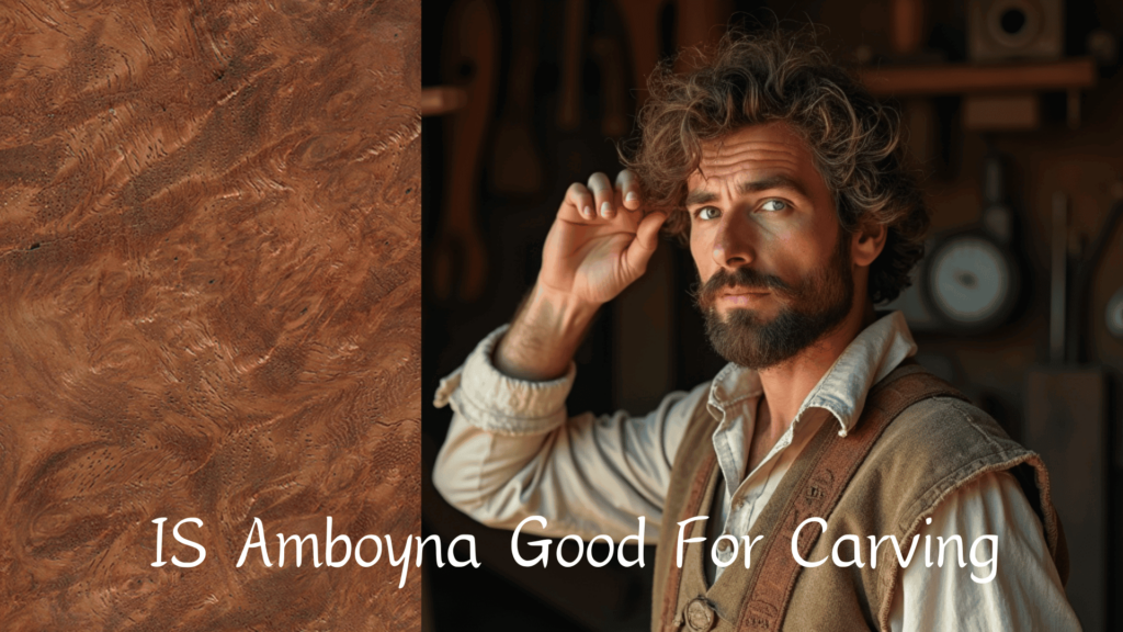 WOODCARVING LESSONS: A man with curly hair stands next to a wooden surface. The text overlay asks, "Is Amboyna good for carving?" Only Woodcarver Grabovetskiy is in the picture. - Wood Carving tutorials