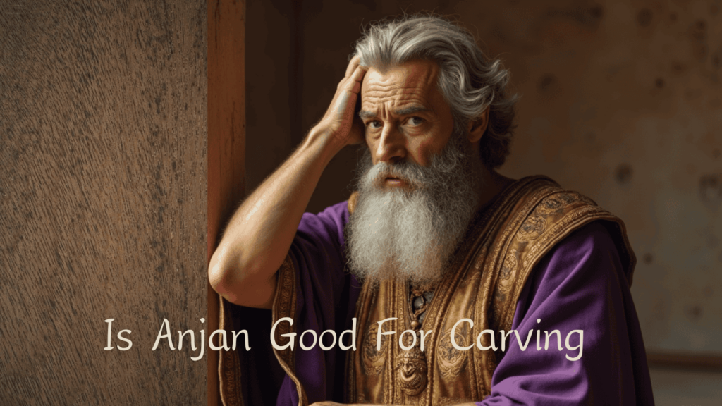WOODCARVING LESSONS: An old man with a long white beard, wearing a purple robe, stands inside, looking thoughtful. The image has text that says, "Is Anjan Good For Carving?" Only Woodcarver Grabovetskiy is in the picture. - Wood Carving tutorials