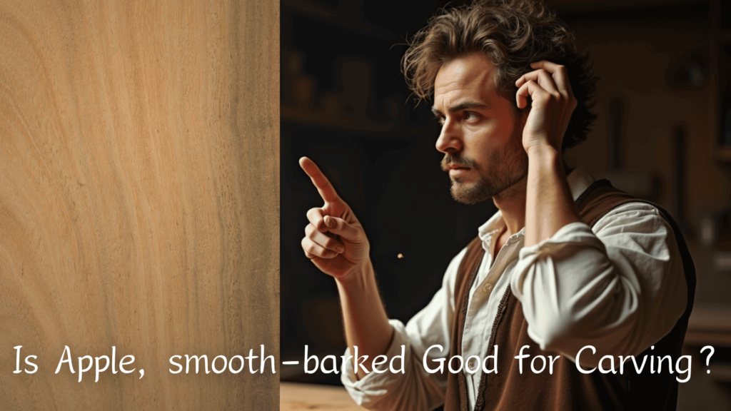 WOODCARVING LESSONS: A man points at his ear. Text reads, "Is Apple Wood Good for Carving?" Picture features Woodcarver Grabovetskiy. - Wood Carving tutorials