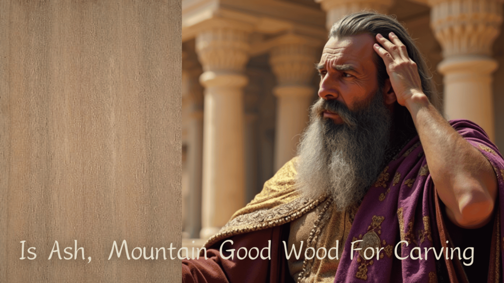 WOODCARVING LESSONS: Woodcarver Grabovetskiy, a man with a long gray beard in purple and gold robes, touches his head. Next to him, text reads, "Is Ash Mountain Good Wood For Carving," on a wood-like background. - Wood Carving tutorials