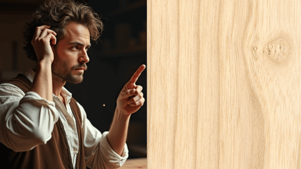 WOODCARVING LESSONS: A man with a serious look points with his right hand. The background shows a dark area on the left and light wood grain on the right. The man is Woodcarver Grabovetskiy, known for his woodcarving lessons and tutorials. - Wood Carving tutorials
