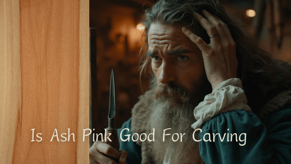 WOODCARVING LESSONS: A man named Woodcarver Grabovetskiy, with long hair and a beard, holds a knife and looks thoughtful. The text asks, "Is Ash Pink Good for Carving? - Wood Carving tutorials