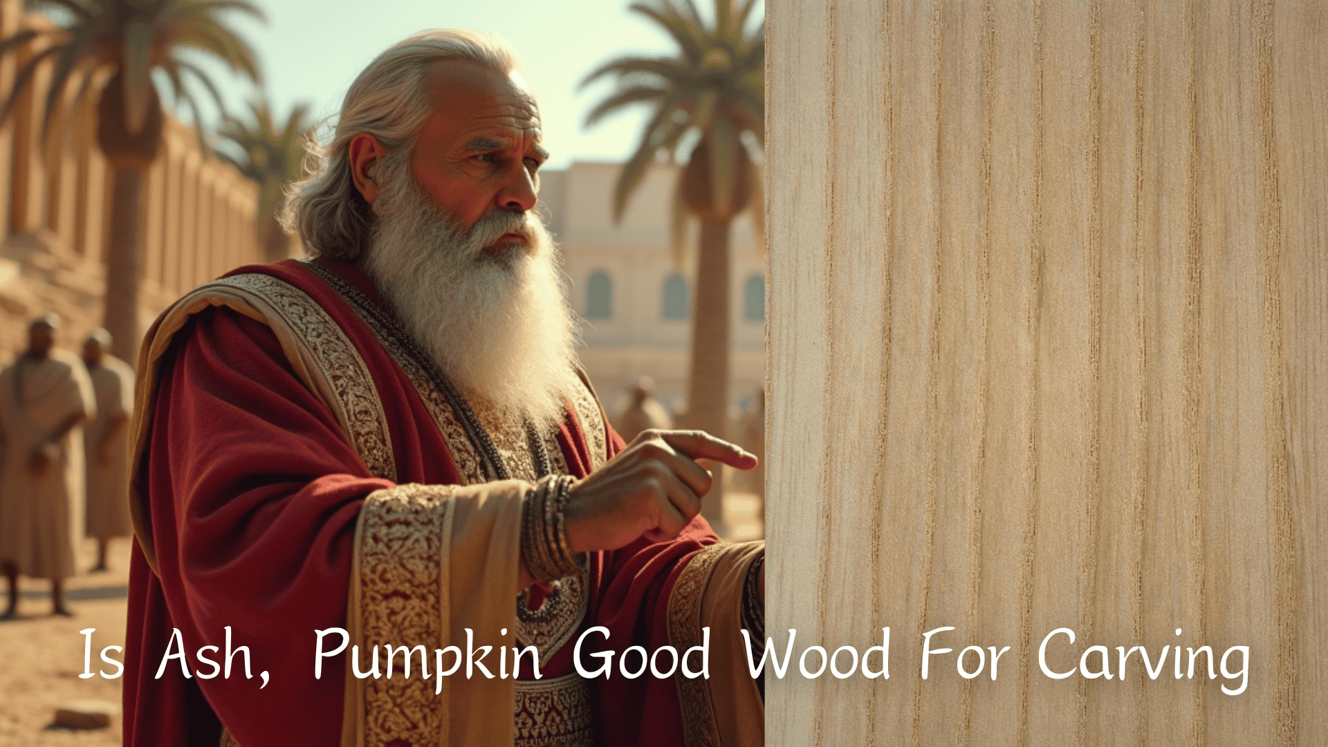 WOODCARVING LESSONS: A bearded man in red and gold checks the smooth surface of a big column. The text reads: "Is Ash, Pumpkin Good Wood for Carving? - Wood Carving tutorials