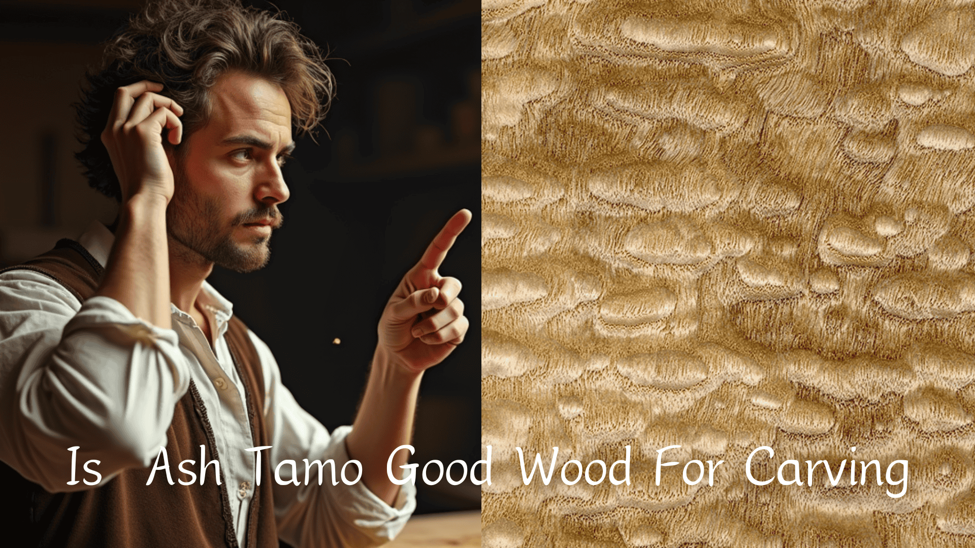 WOODCARVING LESSONS: Image of Woodcarver Grabovetskiy pointing thoughtfully next to a close-up of wood grain. Text: "Is Ash Tamo Good for Carving? - Wood Carving tutorials