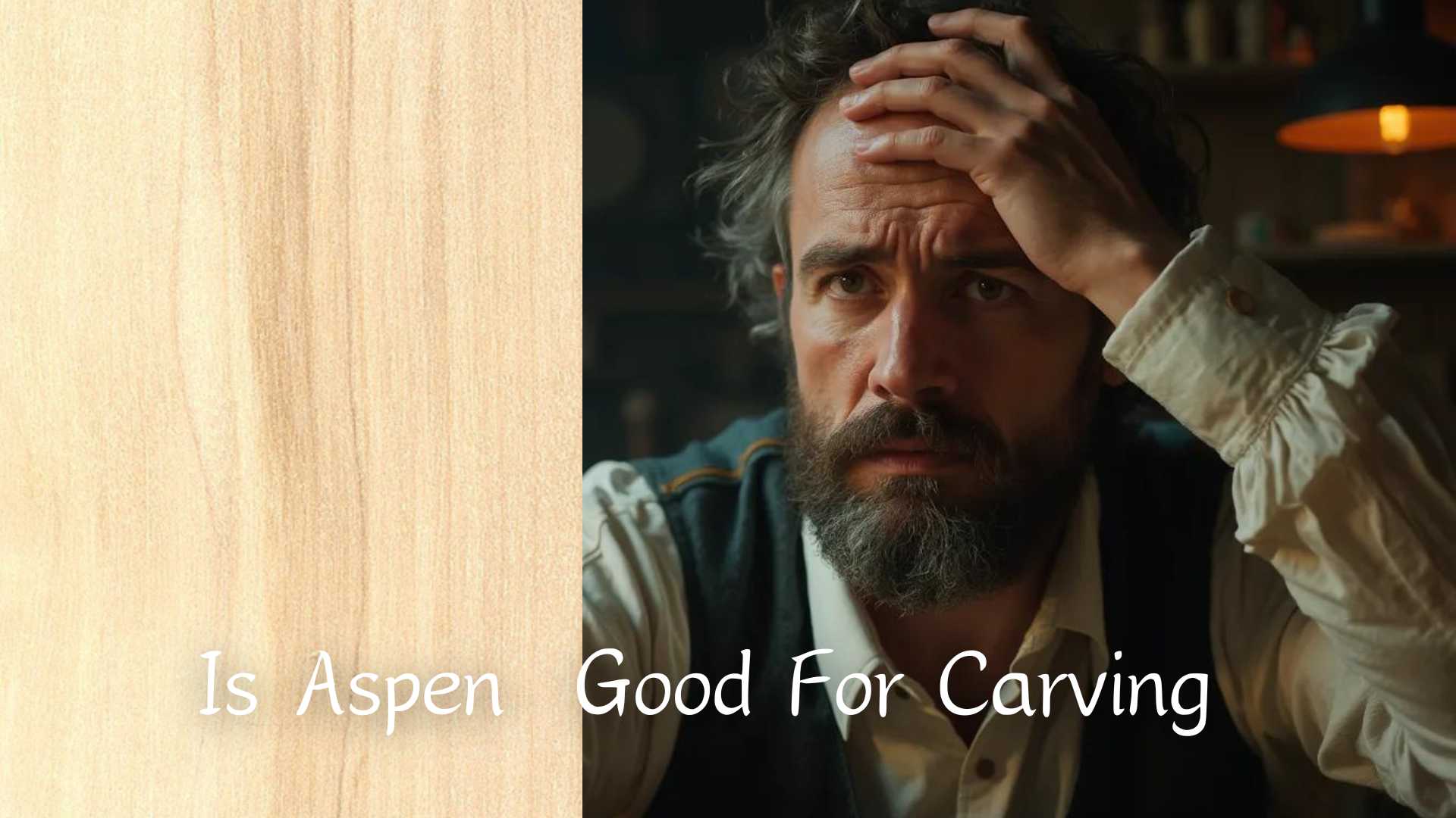 WOODCARVING LESSONS: A worried man touches his head next to a wooden table. The text says, "Is Aspen Good for Carving?" In the pictures, only "Woodcarver Grabovetskiy" is present. - Wood Carving tutorials