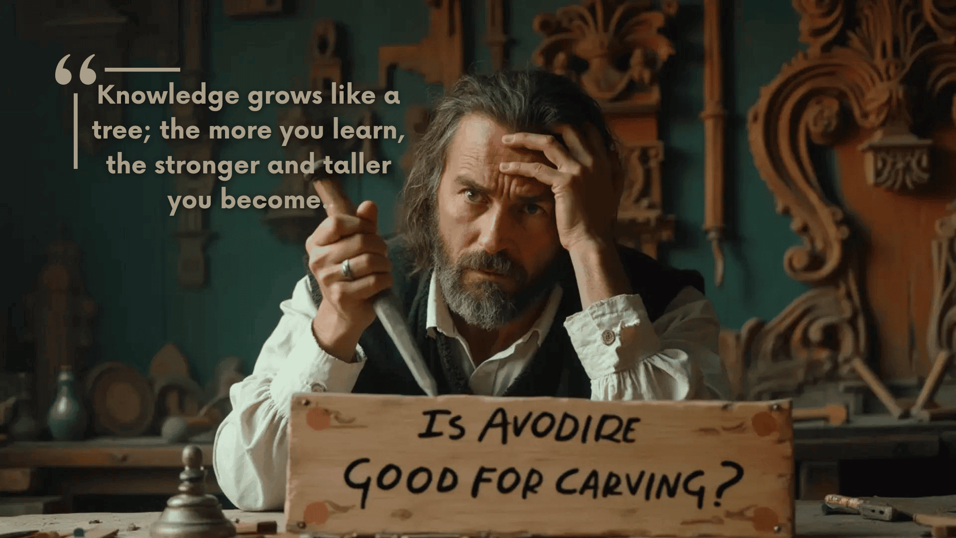 WOODCARVING LESSONS: A person holds a chisel, thinking deeply in a workshop. A sign nearby says, "Is Avodire Good for Carving?" In the background, there's a quote about growing knowledge. The person in the picture is Woodcarver Grabovetskiy. - Wood Carving tutorials