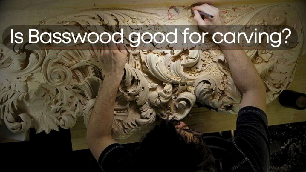 WOODCARVING LESSONS: A person is carving a detailed design into a big piece of basswood. The image has the text "Is Basswood good for carving?" The only person shown is Woodcarver Grabovetskiy. - Wood Carving tutorials