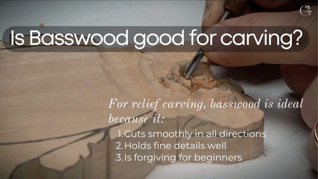 WOODCARVING LESSONS: Shows hands carving basswood. Text talks about why basswood is great for relief carving: easy to cut, holds fine details, and good for beginners. Only person in the pictures is Woodcarver Grabovetskiy. - Wood Carving tutorials