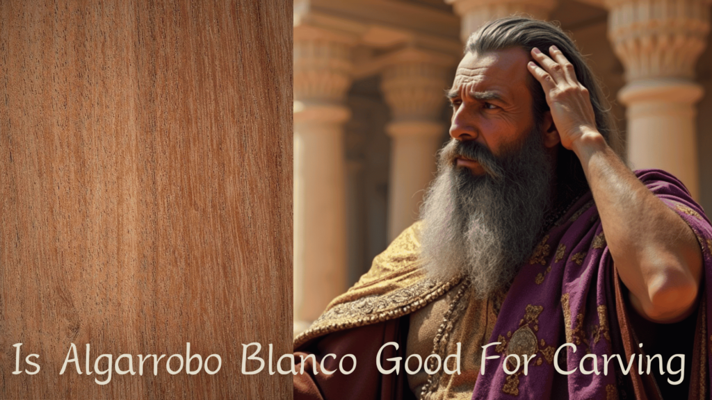 WOODCARVING LESSONS: Woodcarver Grabovetskiy stands by columns, touching his head. A wooden texture is visible on the left. The text asks: "Is Algarrobo Blanco Good For Carving? - Wood Carving tutorials