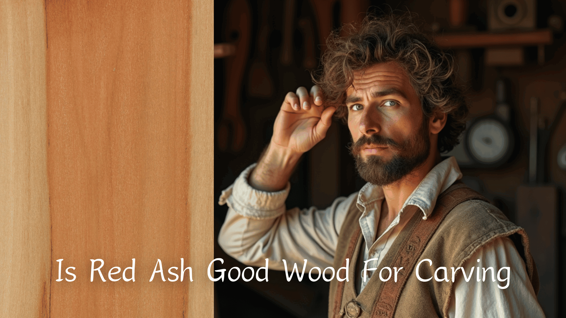 WOODCARVING LESSONS: A bearded man in a workshop stands next to wooden planks. The text on the image reads, "Is Red Ash Good Wood For Carving?" The person in the picture is Woodcarver Grabovetskiy. - Wood Carving tutorials