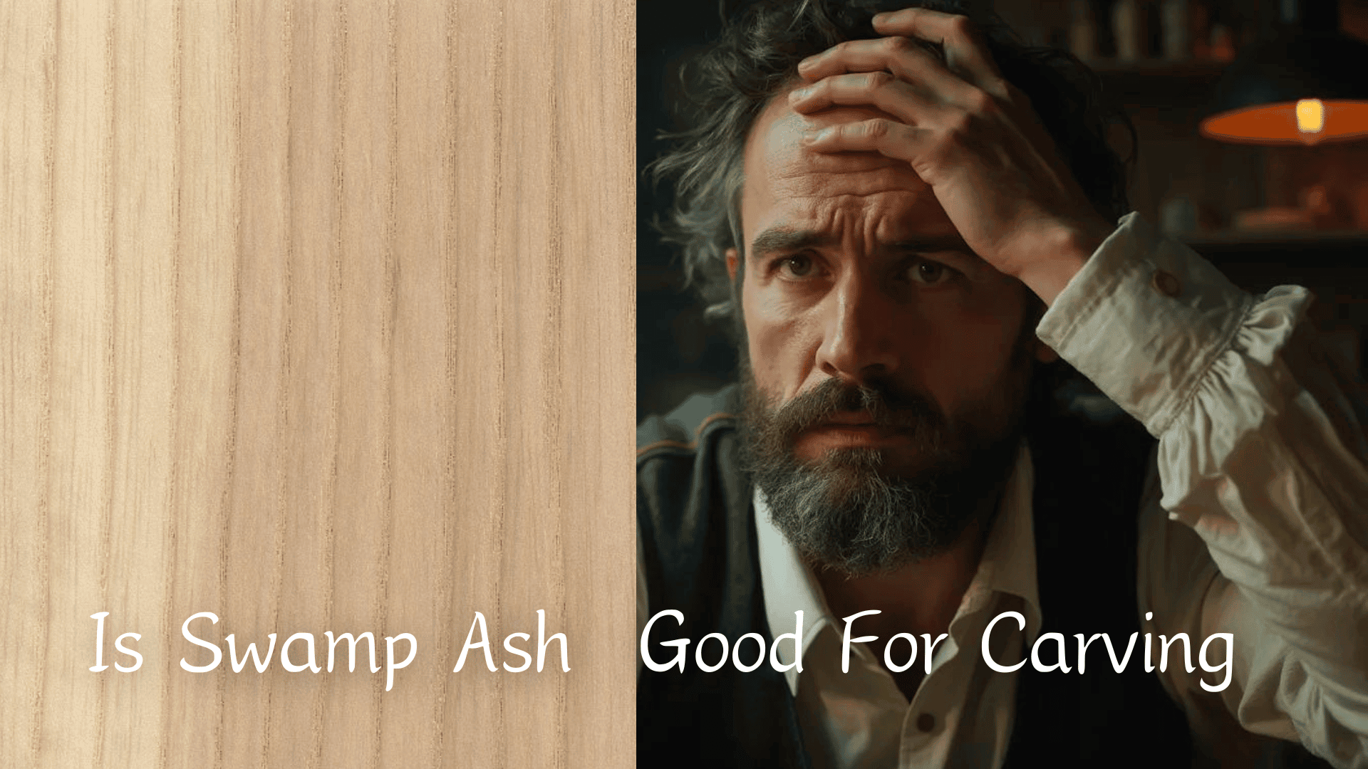 WOODCARVING LESSONS: Side-by-side image: left, a piece of swamp ash wood; right, a worried man touching his forehead. Text: "Is Swamp Ash Good For Carving?" The person in the pictures is "Woodcarver Grabovetskiy". - Wood Carving tutorials