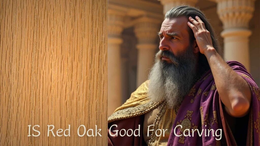 WOODCARVING LESSONS: A wooden background on the left has text saying, "Is Red Oak Good for Carving?" To the right, an old man with a long beard looks confused. This is Woodcarver Grabovetskiy. - Wood Carving tutorials