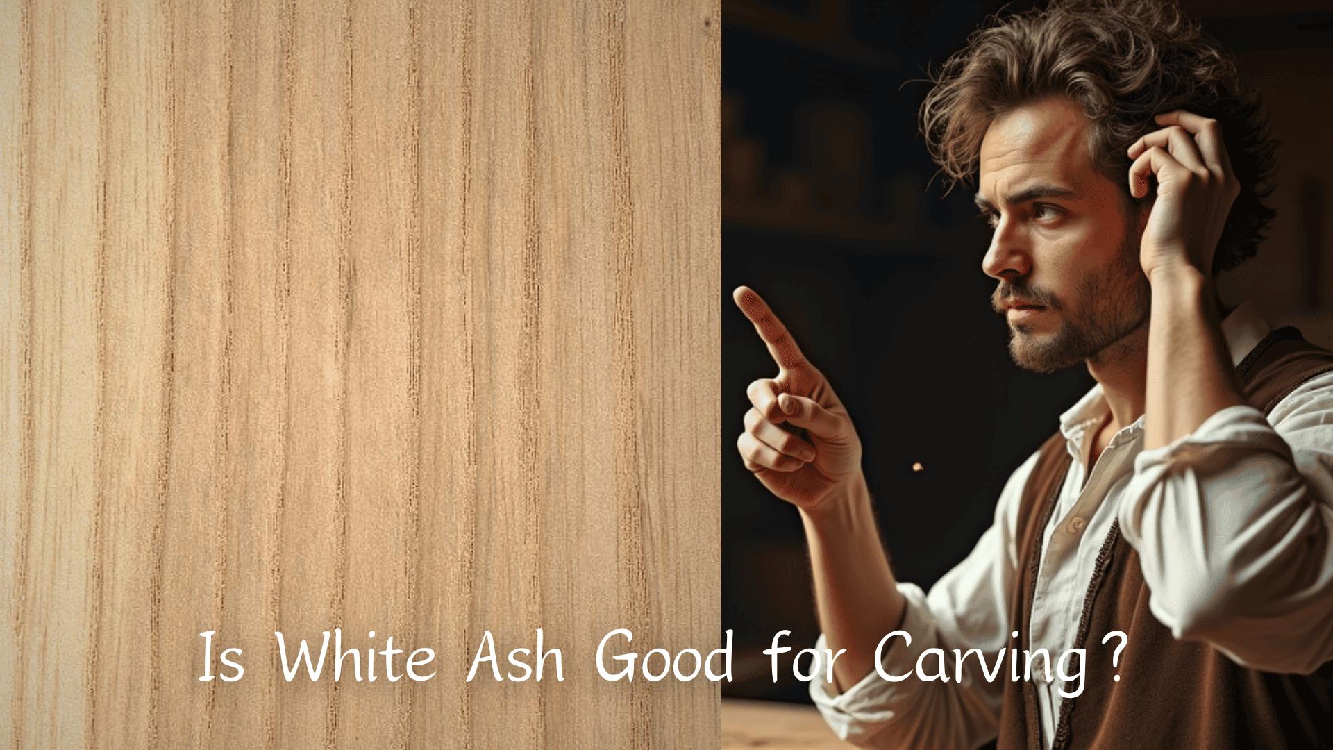 WOODCARVING LESSONS: Woodcarver Grabovetskiy pointing at a big piece of white ash wood with the text "Is White Ash Good for Carving?" at the bottom. - Wood Carving tutorials