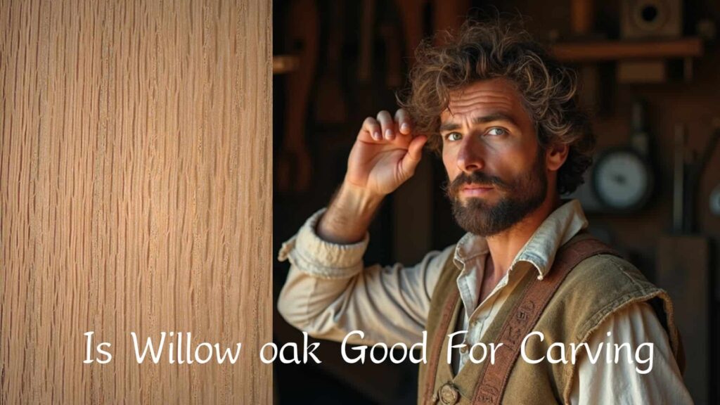 WOODCARVING LESSONS: A bearded man named Woodcarver Grabovetskiy is wearing a brown apron. He looks thoughtful and stands next to a wooden plank. The text on the image says, "Is Willow Oak Good For Carving. - Wood Carving tutorials