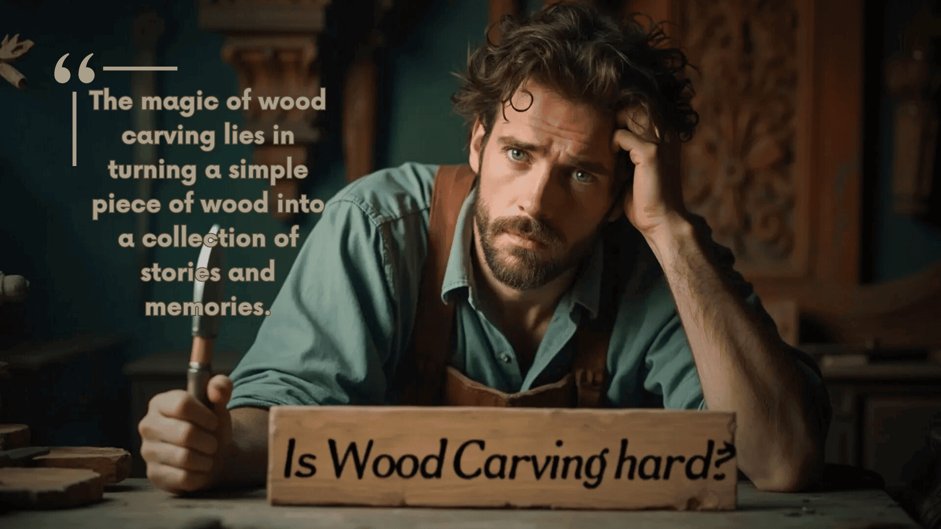 WOODCARVING LESSONS: A man, named Woodcarver Grabovetskiy, sits at a wooden table with tools. He looks thoughtful. There is a sign that says, "Is Wood Carving hard?" The text on the side reads, "Wood carving turns a simple piece of wood into stories and memories. - Wood Carving tutorials