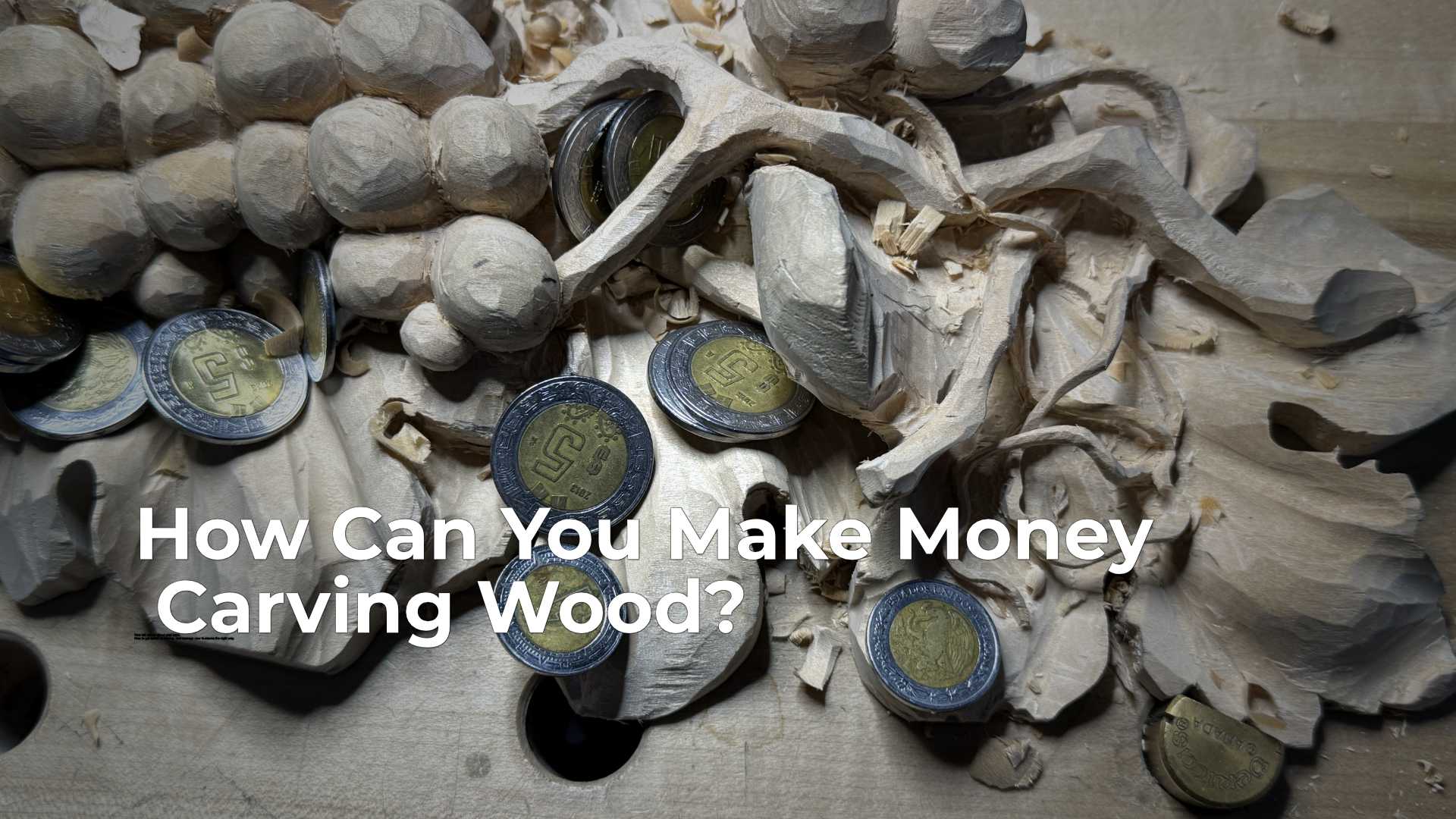 WOODCARVING LESSONS: Wood shavings and coin carvings lie on a workbench. Over them, the text reads "How to Make Money Carving Wood?" The only person in the pictures is Woodcarver Grabovetskiy. - Wood Carving tutorials  A woodworker carves a piece of basswood into a beautiful object of beauty using carving tools. This image shows wood carving techniques, including chip carving and relief carving. The woodcarver uses a chisel and carving knife, illustrating how to carve wood effectively. This scene highlights how to make money carving wood by creating unique handmade items, participating in local craft fairs, and starting a profitable woodworking business. The right tools for wood carving projects are essential for turning your woodworking hobby into a profitable venture, allowing you to sell your carvings to potential customers and make enough money from wood carving.