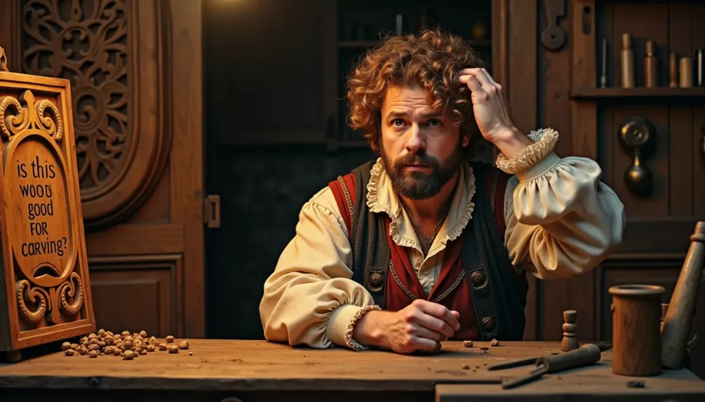 WOODCARVING LESSONS: A curly-haired man with a beard sits at a wooden workbench, thinking. A sign next to him asks, "Is this wood good for carving?" The bench has many tools and pieces of wood. This is Woodcarver Grabovetskiy. - Wood Carving tutorials