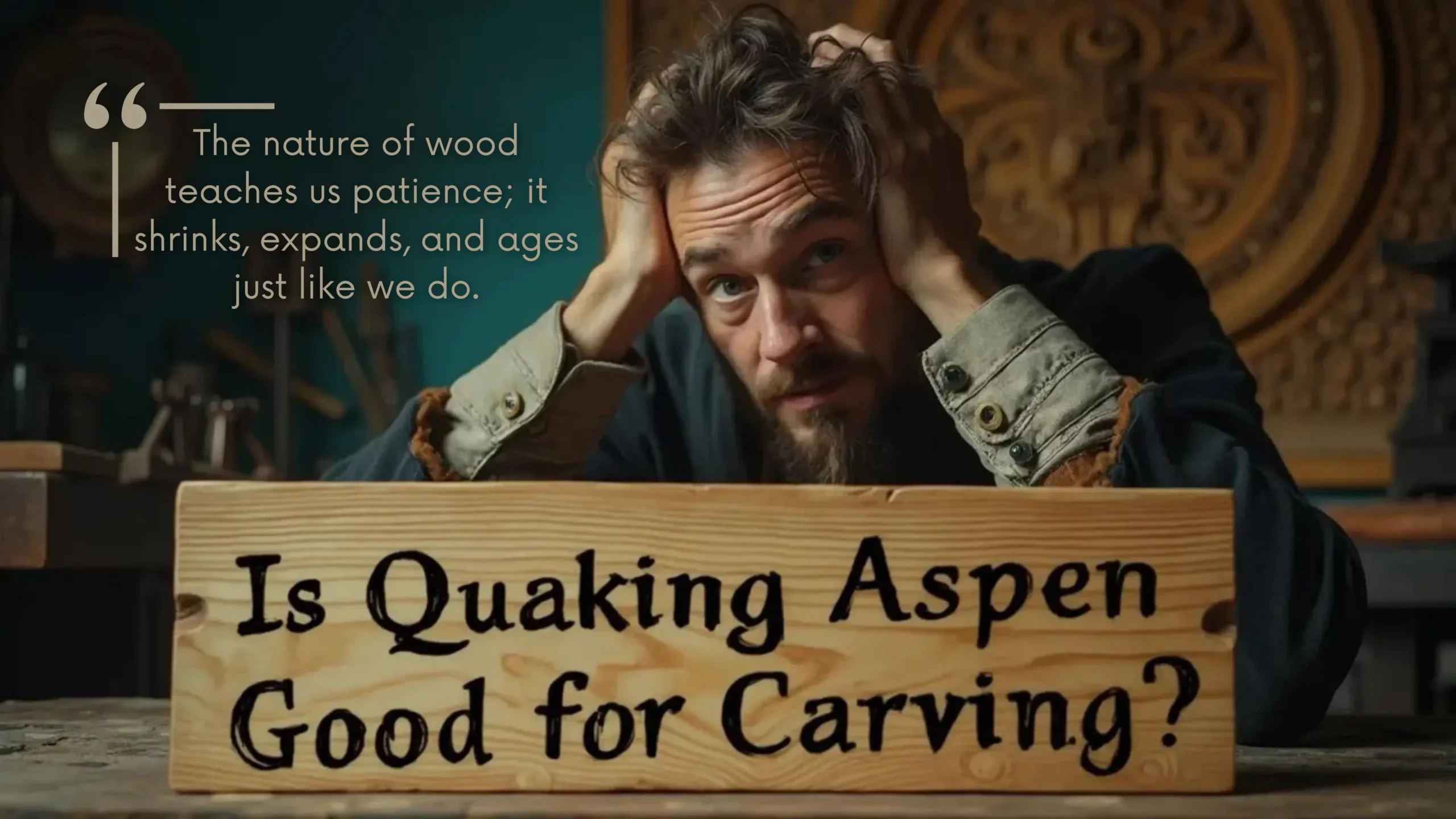 WOODCARVING LESSONS: A man named Woodcarver Grabovetskiy sits behind a wooden sign that says, "Is Quaking Aspen Good for Carving?" In the background, there is a quote about how wood requires patience and gets better with age. - Wood Carving tutorials