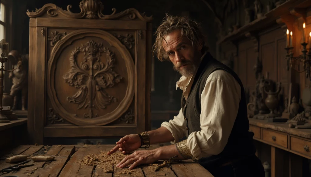 WOODCARVING LESSONS: A man with messy hair and a beard carves wood in a dimly lit workshop. The workshop has detailed woodwork and tools in the background. He wears a vest over a light shirt. This man is Woodcarver Grabovetskiy. - Wood Carving tutorials