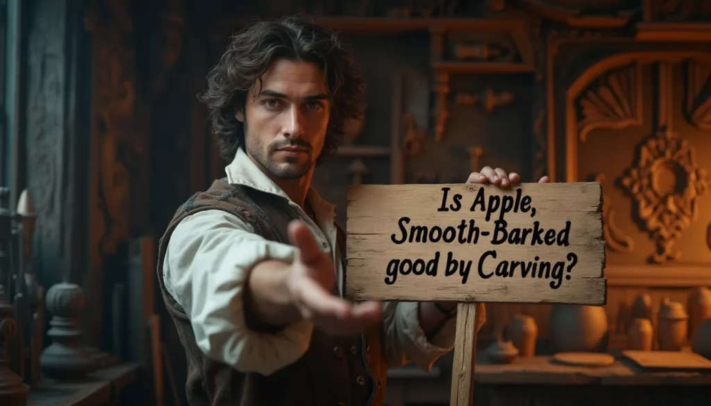 WOODCARVING LESSONS: A man with long hair is in a workshop with carvings and tools. He holds a wooden sign that says, "Is Apple, Smooth-Barked good for Carving?" This man is Woodcarver Grabovetskiy. - Wood Carving tutorials