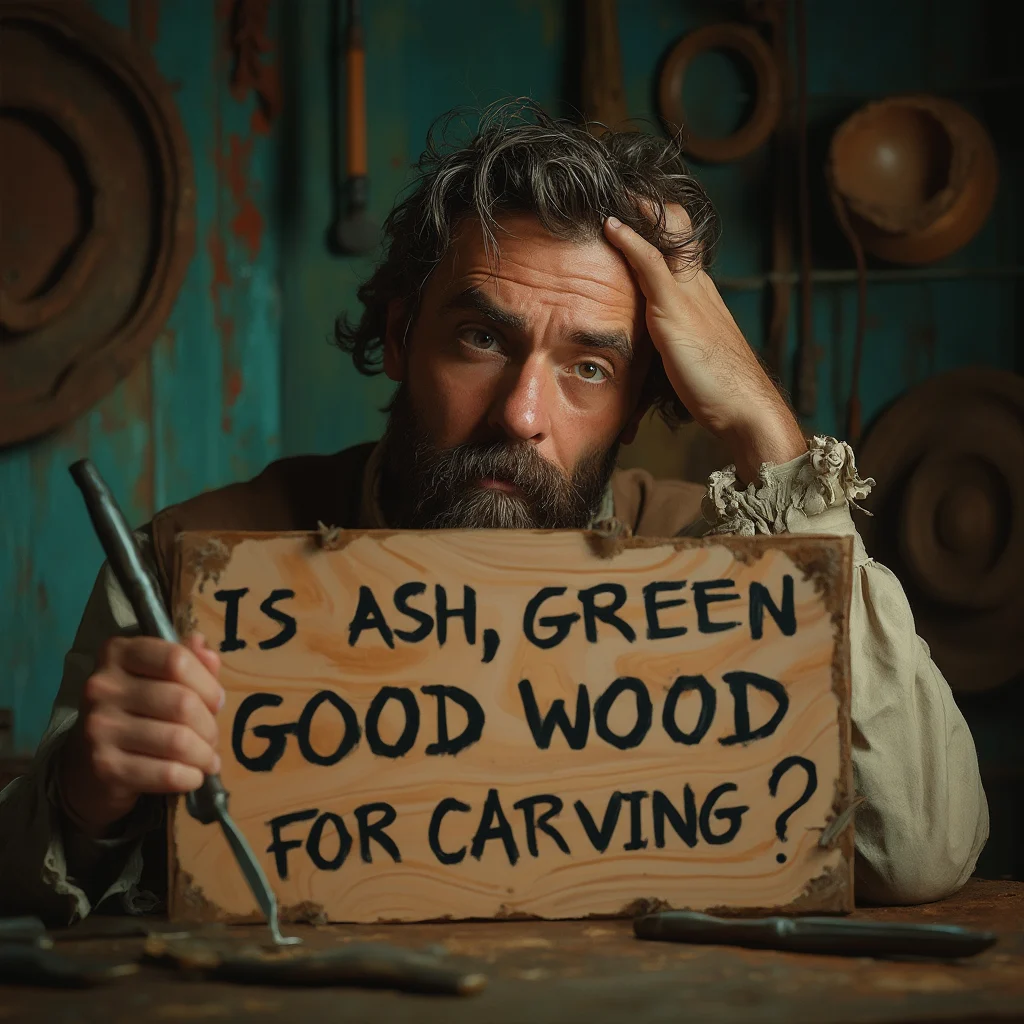 WOODCARVING LESSONS: A man named Woodcarver Grabovetskiy stands in a workshop. He looks thoughtful and holds a wooden sign that says, "Is ash, green good wood for carving?" The room has many tools around him. - Wood Carving tutorials