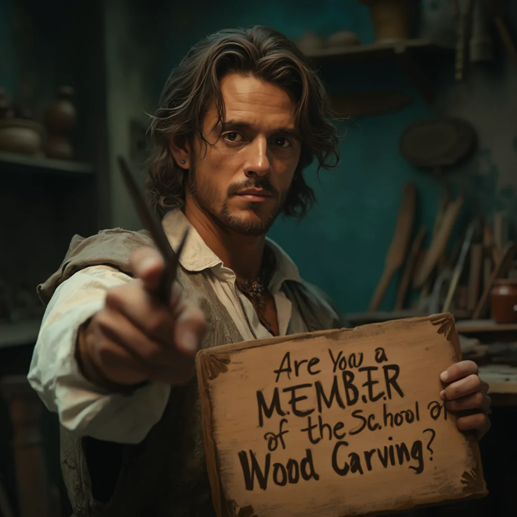 WOODCARVING LESSONS: A long-haired, bearded man in a vest points at the camera. He holds a sign that says, "Are you a member of the school of wood carving?" The setting is a workshop. This is Woodcarver Grabovetskiy. - Wood Carving tutorials