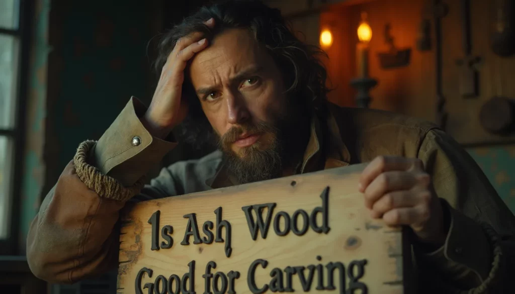 WOODCARVING LESSONS: A man named Woodcarver Grabovetskiy, with a beard and long hair, holds a wooden sign that says, "Is Ash Wood Good for Carving?" The room is dimly lit with candles in the background. - Wood Carving tutorials