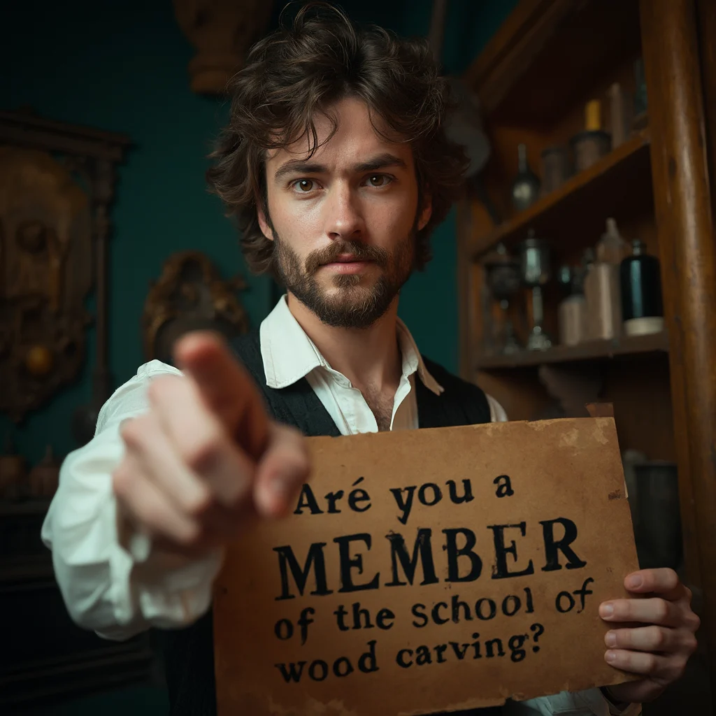 WOODCARVING LESSONS: A bearded man in a cozy, old-style room holds a sign pointing to the camera. The sign says, "Are you a student of our wood carving school?" The only person in the picture is Woodcarver Grabovetskiy. - Wood Carving tutorials