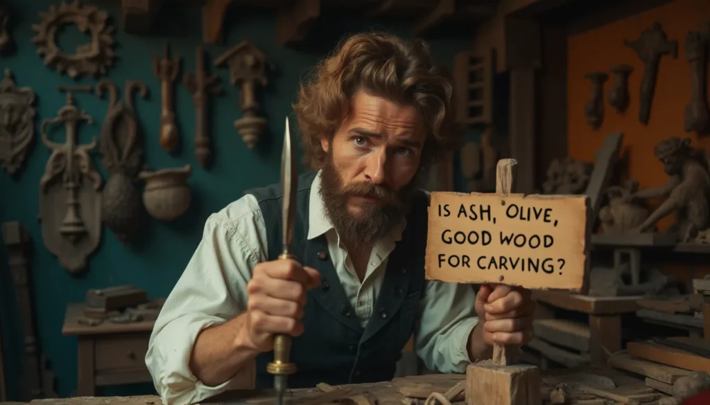 WOODCARVING LESSONS: In a workshop, Woodcarver Grabovetskiy holds a knife and a sign that says, "Is ash, olive, good wood for carving?" The background shows many woodworking tools and carvings. - Wood Carving tutorials