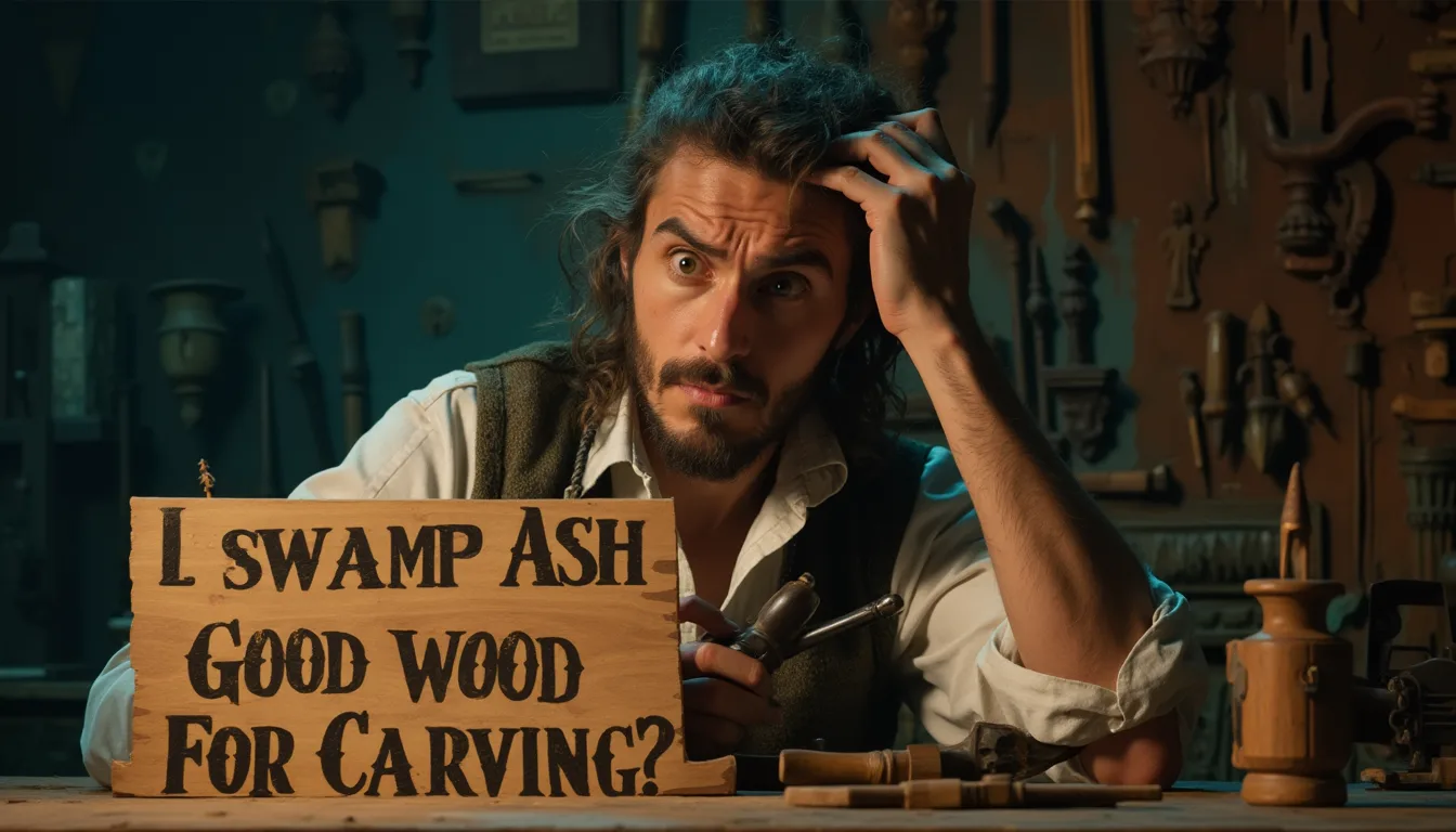 WOODCARVING LESSONS: A person named Woodcarver Grabovetskiy sits at a wooden table with many woodworking tools. They hold a chisel and look confused. Nearby, there is a sign that asks, "Is swamp ash good wood for carving? - Wood Carving tutorials
