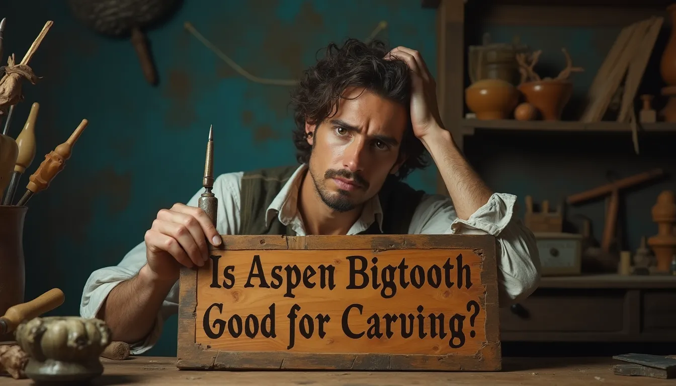 WOODCARVING LESSONS: A man, Woodcarver Grabovetskiy, sits at a workbench holding a carving tool and a wooden sign that says, "Is Aspen Bigtooth Good for Carving?" Behind him are various carving tools and materials. - Wood Carving tutorials