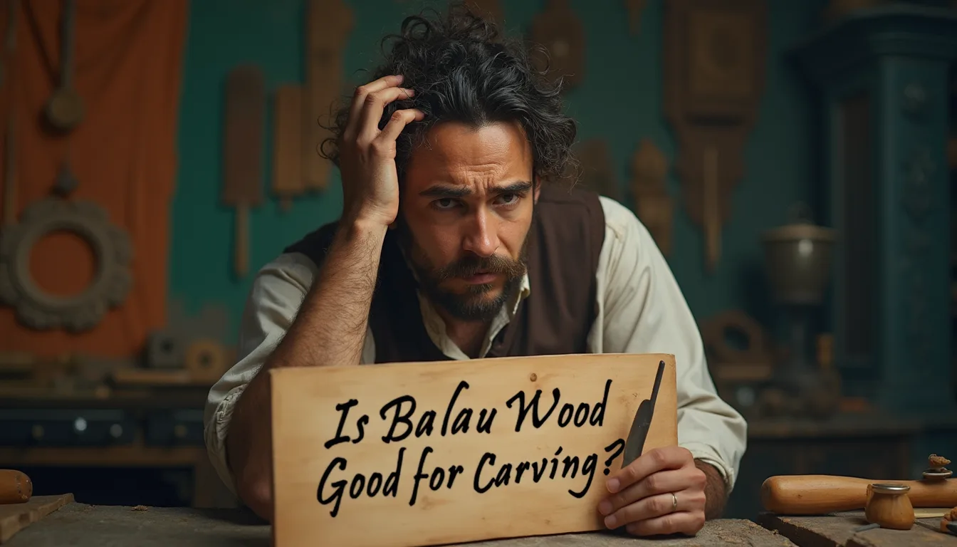 WOODCARVING LESSONS: Man in workshop scratching head, holding sign that says "Is Balau Wood Good for Carving?" Background shows woodworking tools. Only person in picture is Woodcarver Grabovetskiy. - Wood Carving tutorials