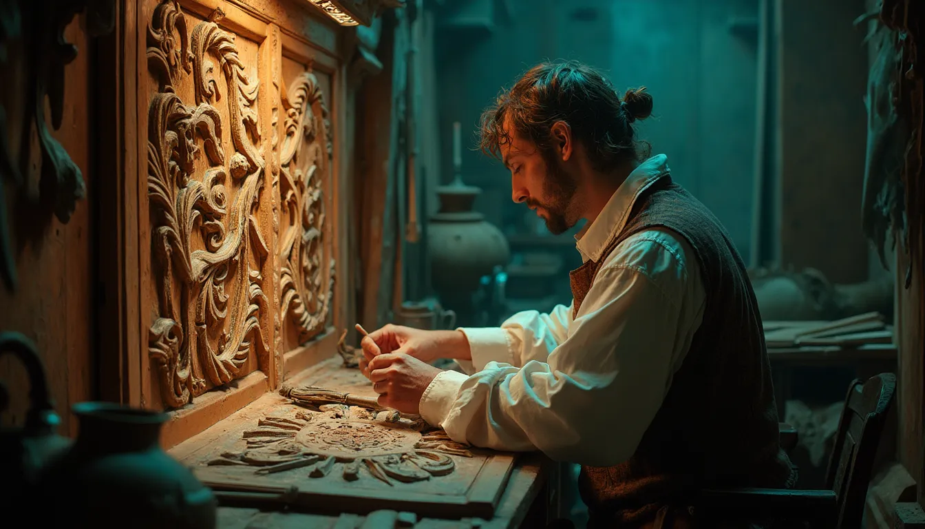WOODCARVING LESSONS: In a workshop, Woodcarver Grabovetskiy carves detailed designs into a big wooden panel. Warm lights shine as he works. Different tools and partly finished pieces are around him. - Wood Carving tutorials