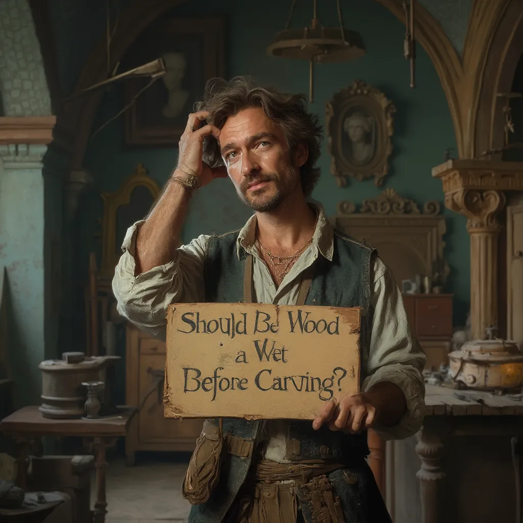 Alt Text: A man in a vintage-style workshop holds a sign that reads "Should Wood be Wet Before Carving?" He has a thoughtful expression, surrounded by wood carving tools and classic decor. This scene highlights the curiosity around wood carving techniques, making it relatable for anyone interested in wood carving classes or lessons.