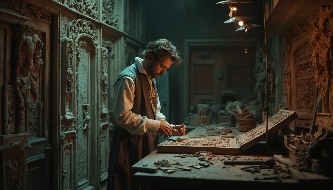 WOODCARVING LESSONS: In a dim workshop, a man named Woodcarver Grabovetskiy wears old-style clothes. He carves detailed designs into wood. Around him are carved wooden panels and tools. - Wood Carving tutorials