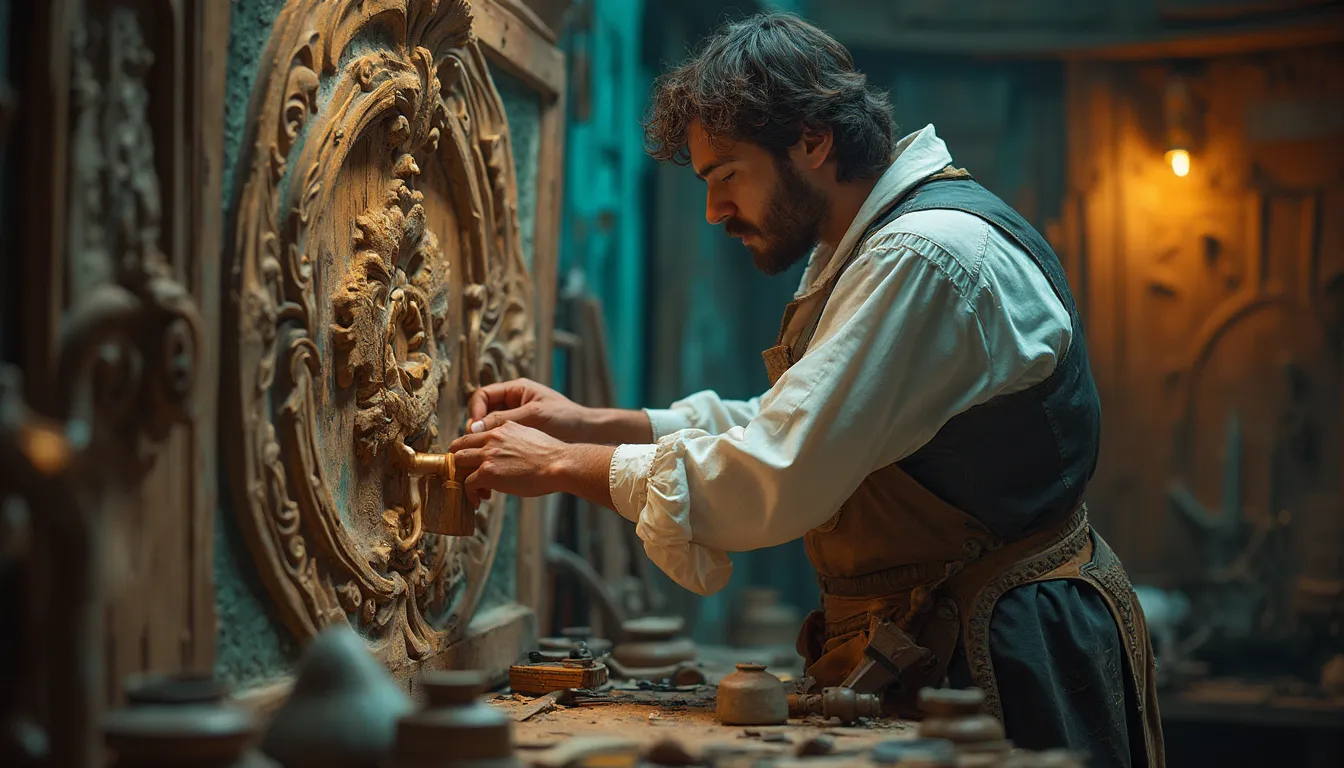 WOODCARVING LESSONS: A man, Woodcarver Grabovetskiy, focuses deeply on a detailed wooden carving in a dimly lit workshop. The room is filled with woodworking tools and beautiful decorations. - Wood Carving tutorials